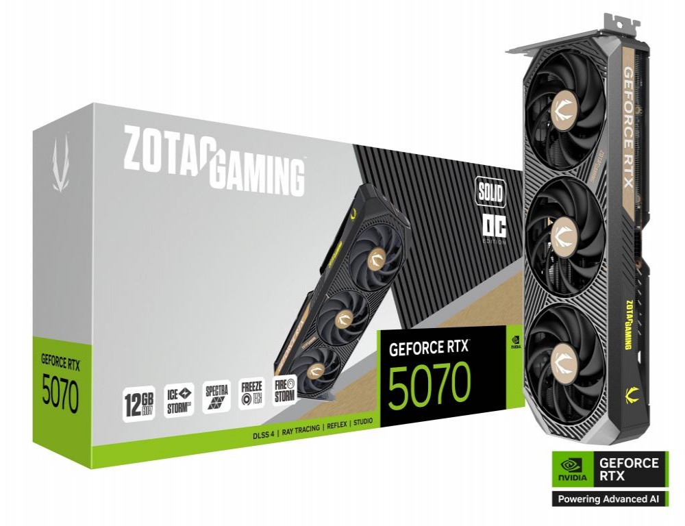 Placa de Video 12GB EXP. GF-RTX5070 Zotac Solid Oc Gaming ZT-B50700J-10 Placa de Video 12GB EXP. GF-RTX5070 Zotac Solid Oc Gaming ZT-B50700J-10